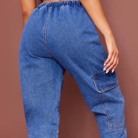 PrettyLittleThing Blue High-Waisted Cargo Jogger Jeans - Picture 4 of 6